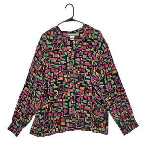 Retro 100% Silk Blouse Size 20W Abstract Geometric 80s Colorful Disco Bowling